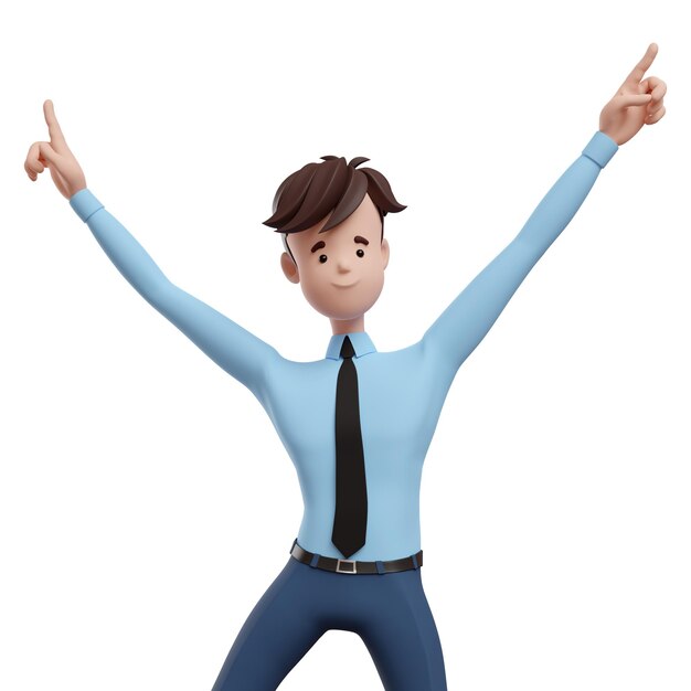 3d business man celebrating with his hands up Portrait of a funny cartoon guy in a shirt and tie Character manager director agent realtor 3d illustration isolated on white background