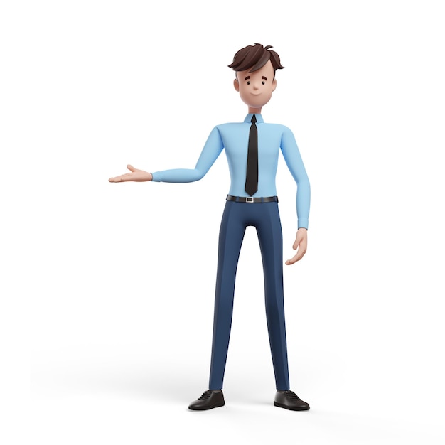 3D business man pointing with his hand in the direction Portrait of a funny cartoon guy in a shirt and tie Character manager director agent realtor 3D illustration on white background