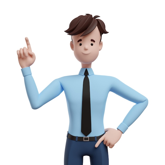 3D business man raised his index finger Portrait of a funny cartoon guy in a shirt and tie Character manager director agent realtor 3D illustration on white background