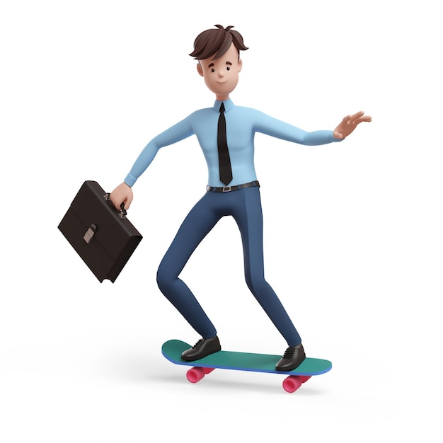 3D business man with a briefcase riding a skateboard Portrait of a funny cartoon guy in a shirt and tie Character manager director agent realtor 3D illustration on white background