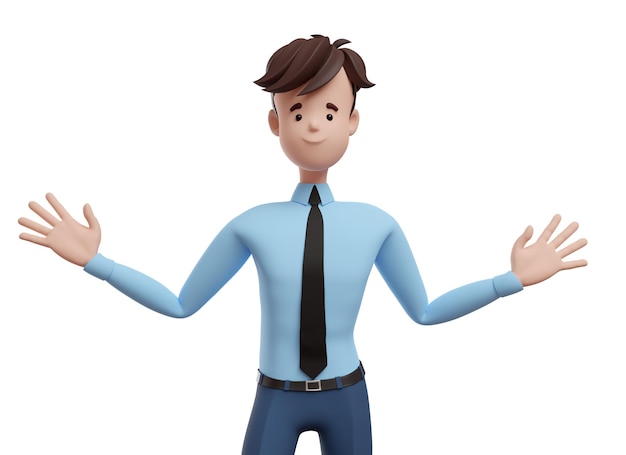 3D business man with open arms Portrait of a funny cartoon guy in a shirt and tie Character manager director agent realtor 3D illustration on white background