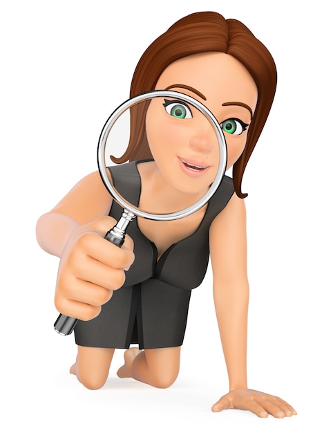 3D Business woman kneeling looking through a magnifying glass