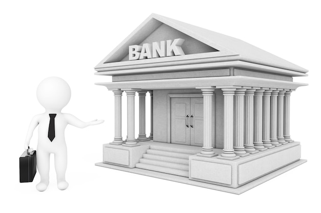 3d Businessman Characters Inviting in Bank Building on a white background. 3d Rendering.