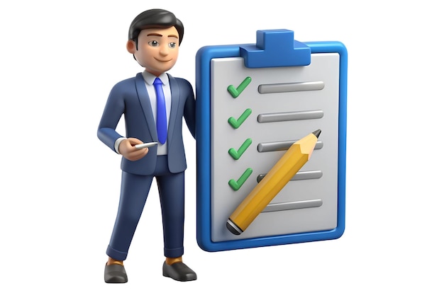 3D Businessman Holding Pencil Next to Large Completed Checklist with Checkmarks