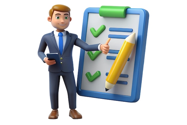 3D Businessman Holding Pencil Next to Large Completed Checklist with Checkmarks