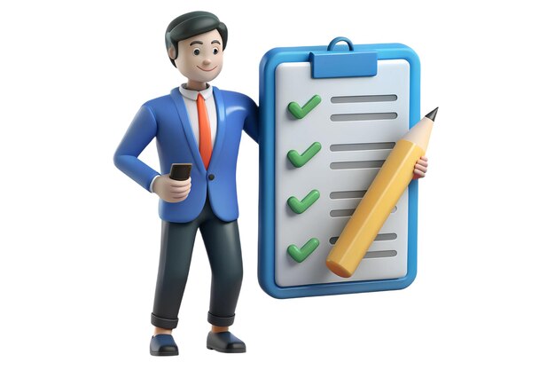 3D Businessman Holding Pencil Next to Large Completed Checklist with Checkmarks