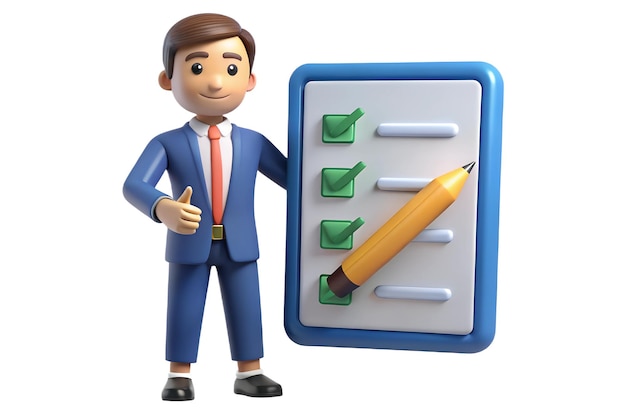 3D Businessman Holding Pencil Next to Large Completed Checklist with Checkmarks