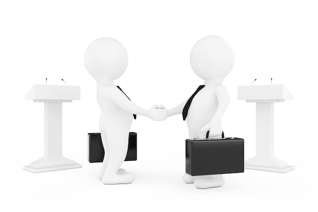 3d Businessman or Politicians Characters Shaking Hands near Tribunes on a white background. 3d Rendering