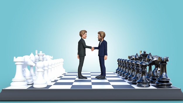 3d Businessmen standing on a chess board and two of them shaking hands