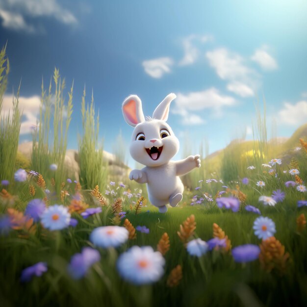 3D C4D clay style a cartoon bunny jumping in the grass