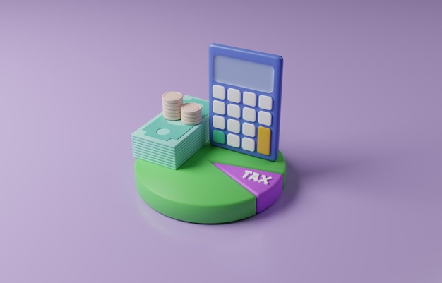 3D calculator with banknotes, coins, and pie chart illustrating tax, income tax calculation concept