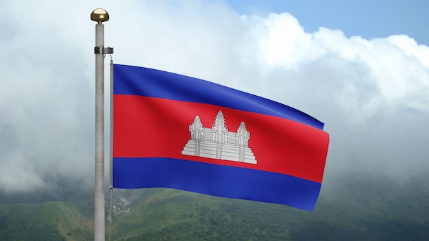 3D, Cambodian flag waving on wind at mountain. Close up of Cambodia banner blowing, soft and smooth silk. Cloth fabric texture ensign background. Use it for national day and country occasions concept.