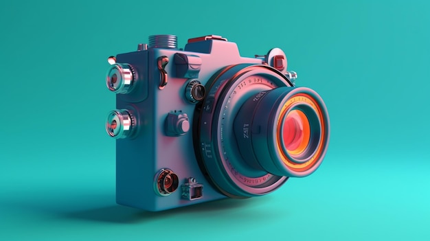 A 3d camera with a red lens and a blue background