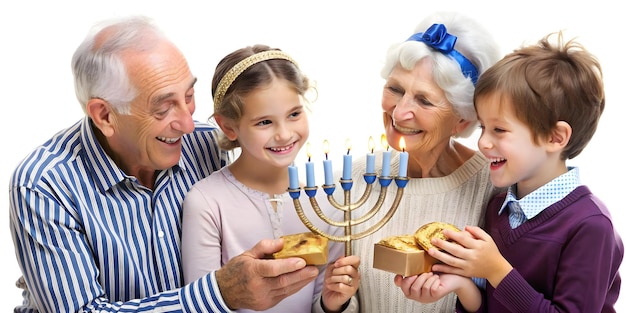 3D Candid Photo of Grandparents Gifting Hanukkah Gelt to Grandchildren Heartwarming Family Traditi