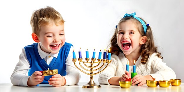 3D Candid Photo of Joyful Children Playing Hanukkah Music with Dreidels as Makeshift Instruments F