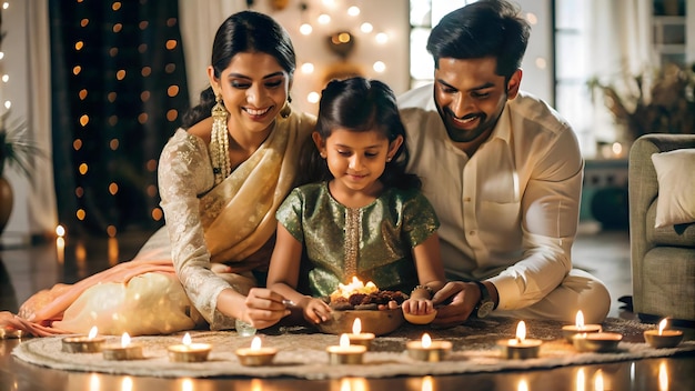 3D Candid shot of a family creating a glowing Diwali decoration together with a focus on their happy