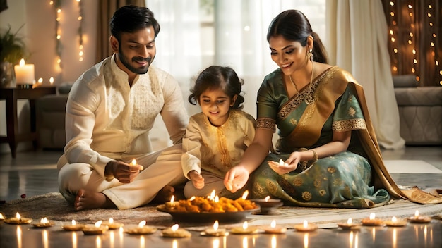 3D Candid shot of a family performing a Diwali puja together with glowing diyas and a serene atmosph