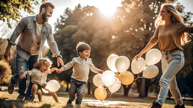 Photo 3d candid shot of a family playing with glowing balloons at a park during a sunny day concept as a c