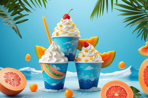 3d cantaloupe sundae ad template in cute paper cut design Plastic takeout cup displayed on fresh melon fruit with summer island decorations