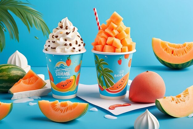 3d cantaloupe sundae ad template in cute paper cut design Plastic takeout cup displayed on fresh melon fruit with summer island decorations