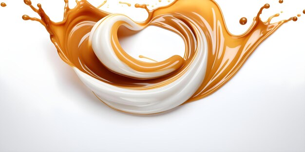 Photo 3d caramel and syrup swirl splash on white background concept food photography sweet treats creative food art delicious desserts food styling