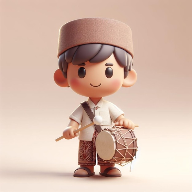 3D caricature image of a cute Indonesian boy wearing a cap and sarong while carrying a drum