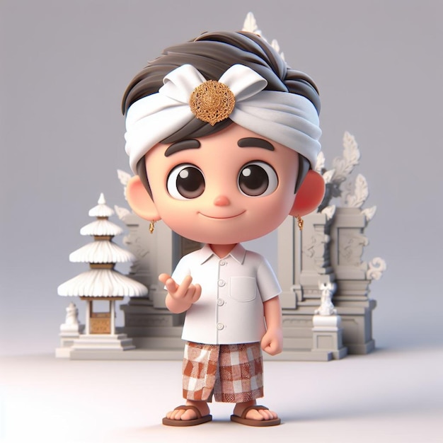 3D caricature image cute little boy wearing traditional Balinese clothes