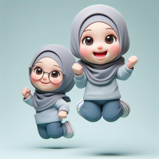 3D caricature of a small child wearing a hijab and jumping happy expression