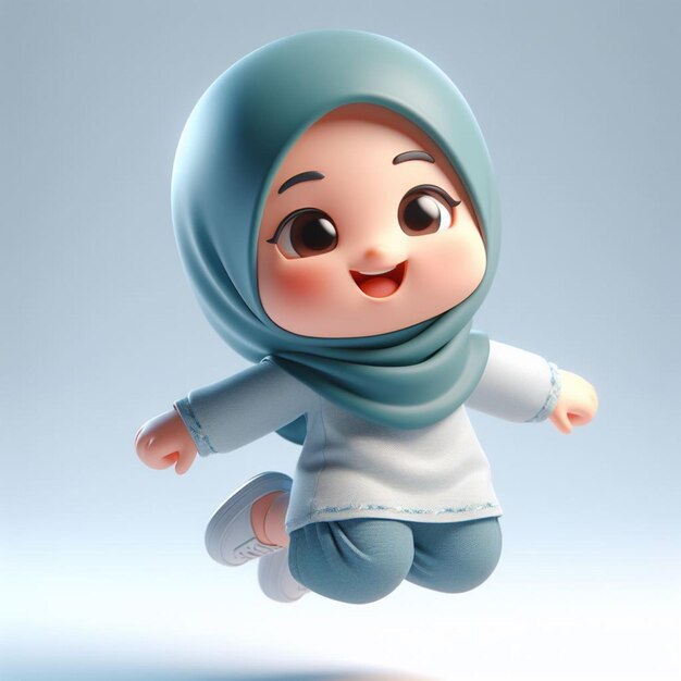 3D caricature of a small child wearing a hijab and jumping happy expression