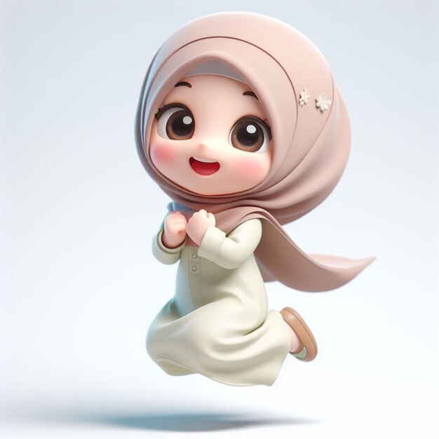 3D caricature of a small child wearing a hijab and jumping happy expression