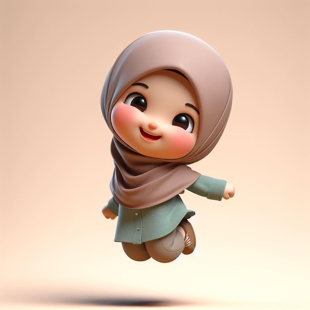 3D caricature of a small child wearing a hijab and jumping happy expression