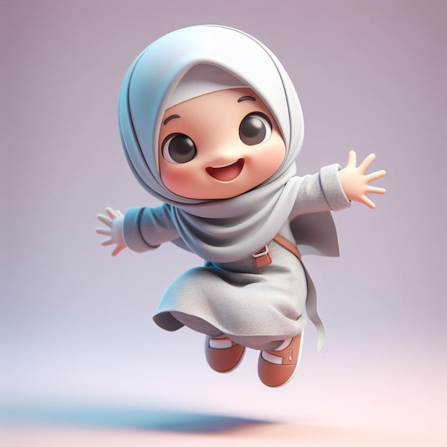 3D caricature of a small child wearing a hijab and jumping happy expression