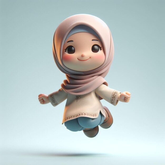 3D caricature of a small child wearing a hijab and jumping happy expression