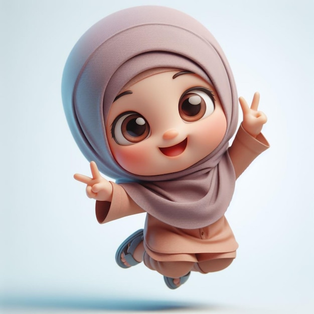 3D caricature of a small child wearing a hijab and jumping happy expression