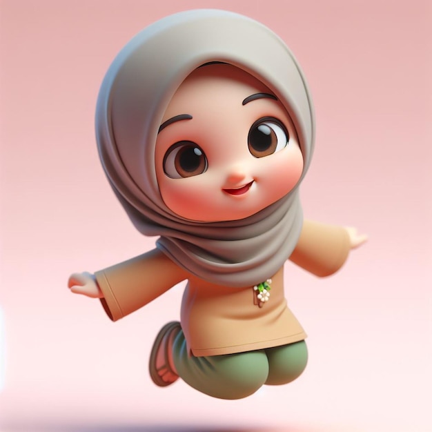 3D caricature of a small child wearing a hijab and jumping happy expression