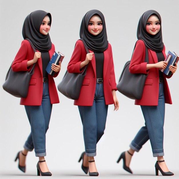 3D Caricature of a young wearing a black hijab and a red blazer carrying a bag and books