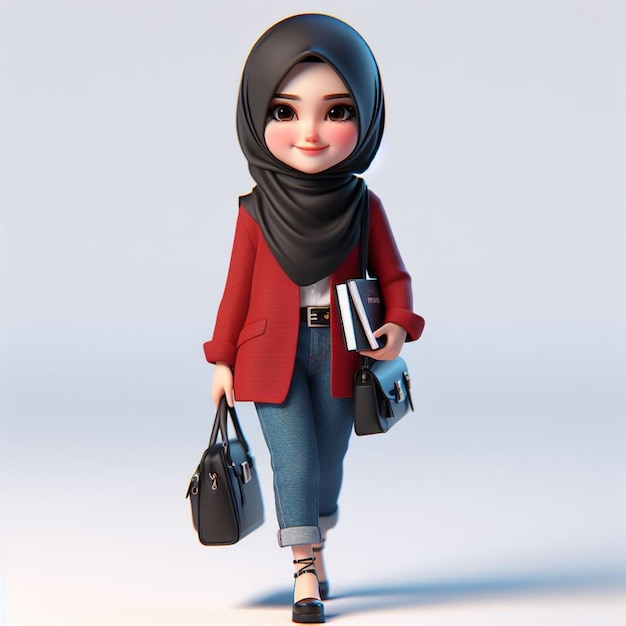 3D Caricature of a young wearing a black hijab and a red blazer carrying a bag and books