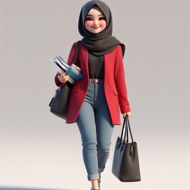 3D Caricature of a young wearing a black hijab and a red blazer carrying a bag and books