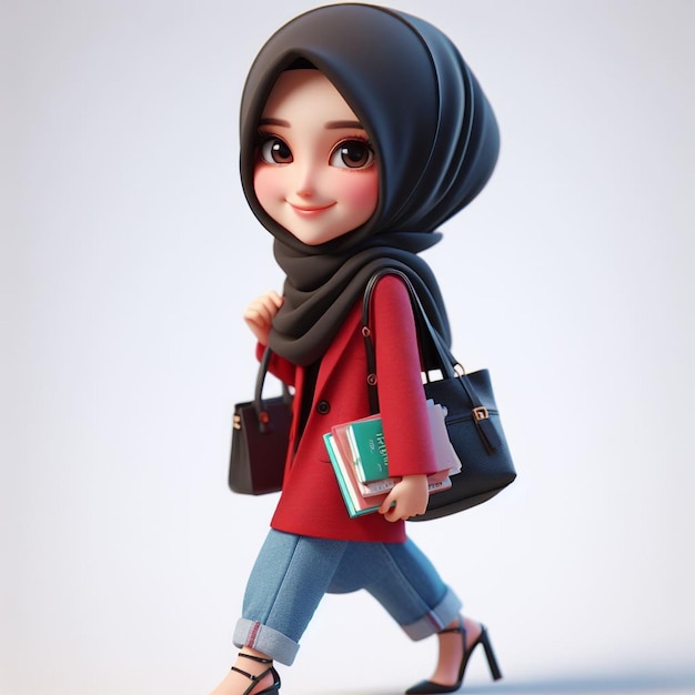 3D Caricature of a young wearing a black hijab and a red blazer carrying a bag and books