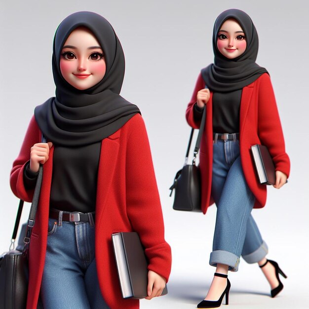 3D Caricature of a young wearing a black hijab and a red blazer carrying a bag and books