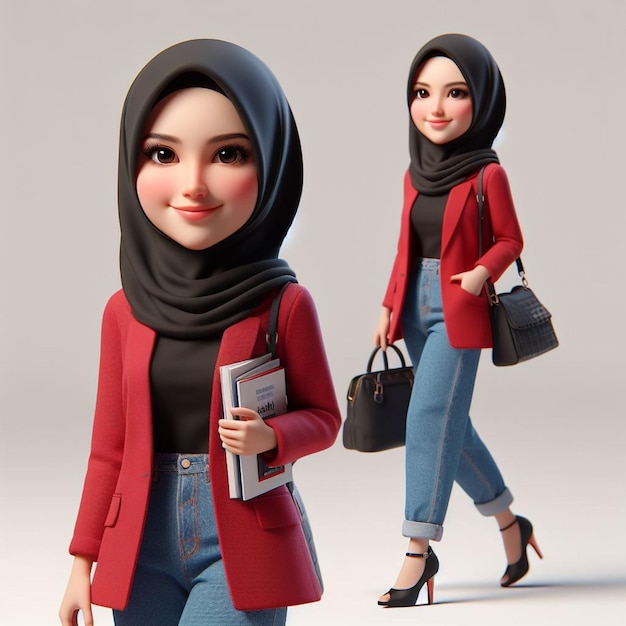 3D Caricature of a young wearing a black hijab and a red blazer carrying a bag and books