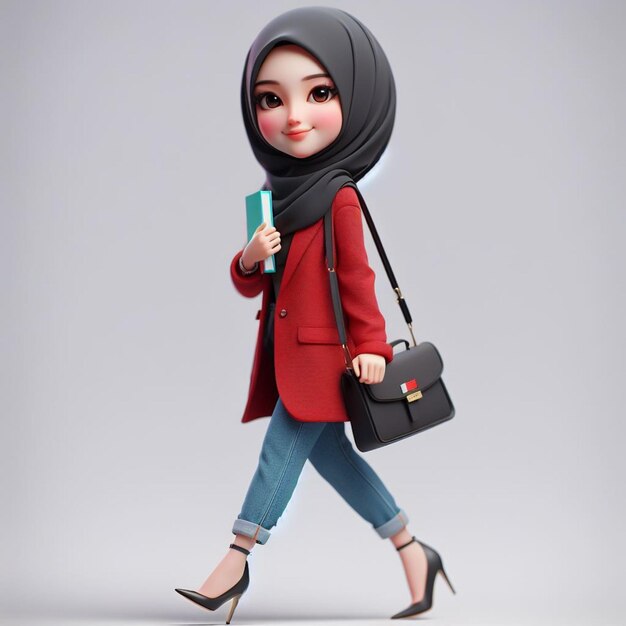 3D Caricature of a young wearing a black hijab and a red blazer carrying a bag and books