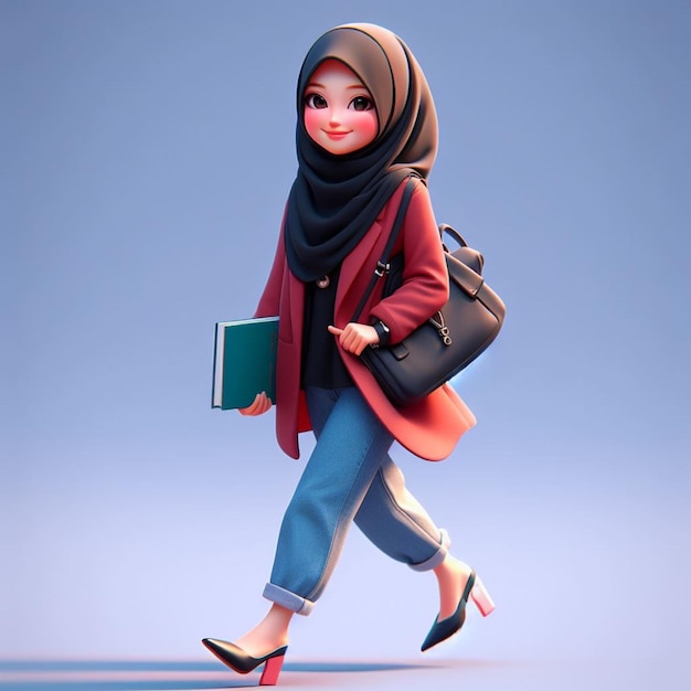 3D Caricature of a young wearing a black hijab and a red blazer carrying a bag and books