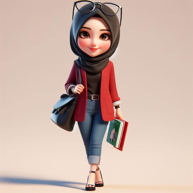 3D Caricature of a young wearing a black hijab and a red blazer carrying a bag and books