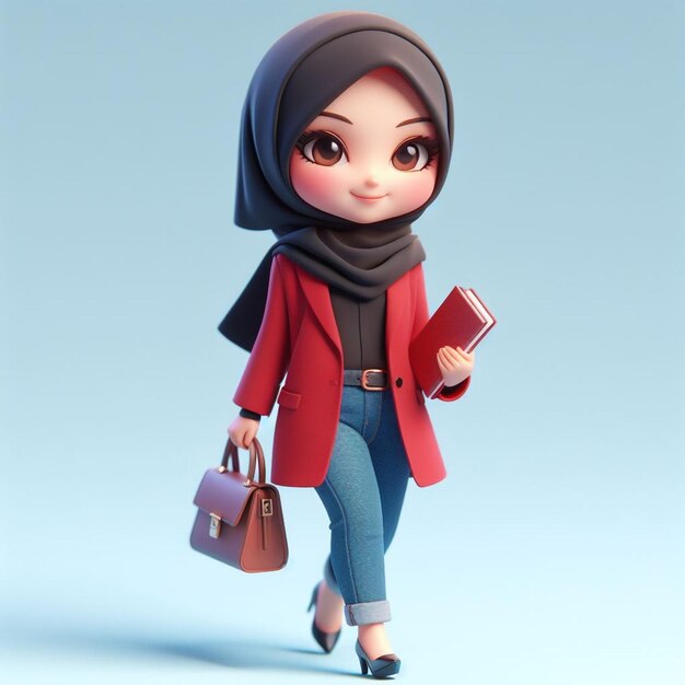 3D Caricature of a young wearing a black hijab and a red blazer carrying a bag and books