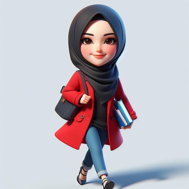 3D Caricature of a young wearing a black hijab and a red blazer carrying a bag and books