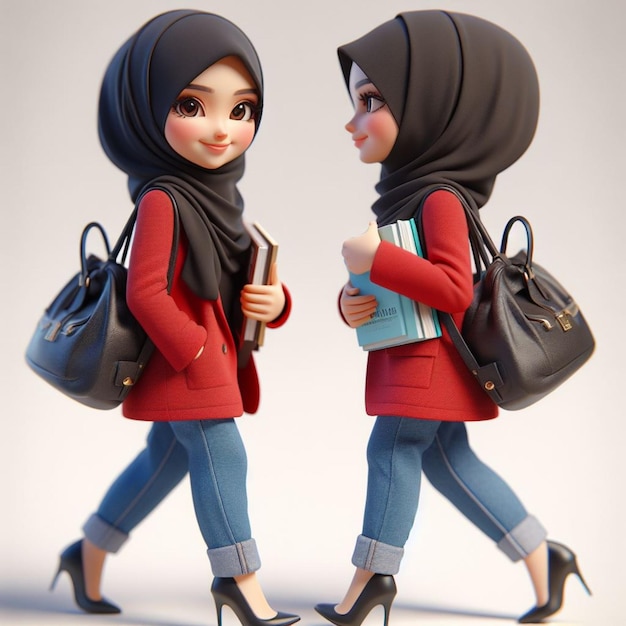 3D Caricature of a young wearing a black hijab and a red blazer carrying a bag and books