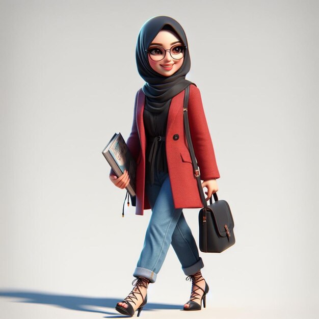 3D Caricature of a young wearing a black hijab and a red blazer carrying a bag and books