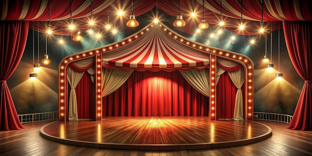 3D carnival light red show curtain with circus stage podium background