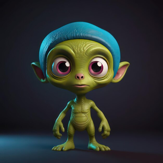 3D cartoon alien character with bright colors big eyes and a friendly expression